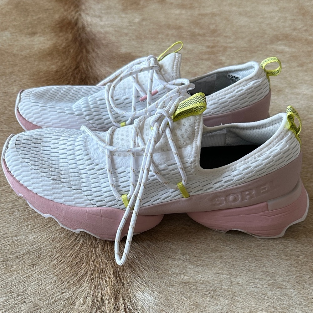 Sorel Women's White and Pink Sneakers with Yellow Accents